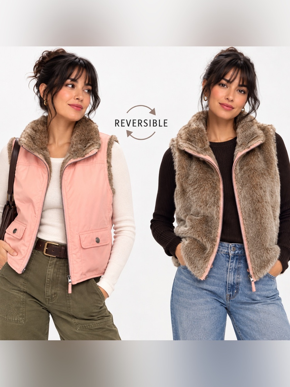 GAP Reversible Pink Brown Faux Fur Vest Small Y2K
